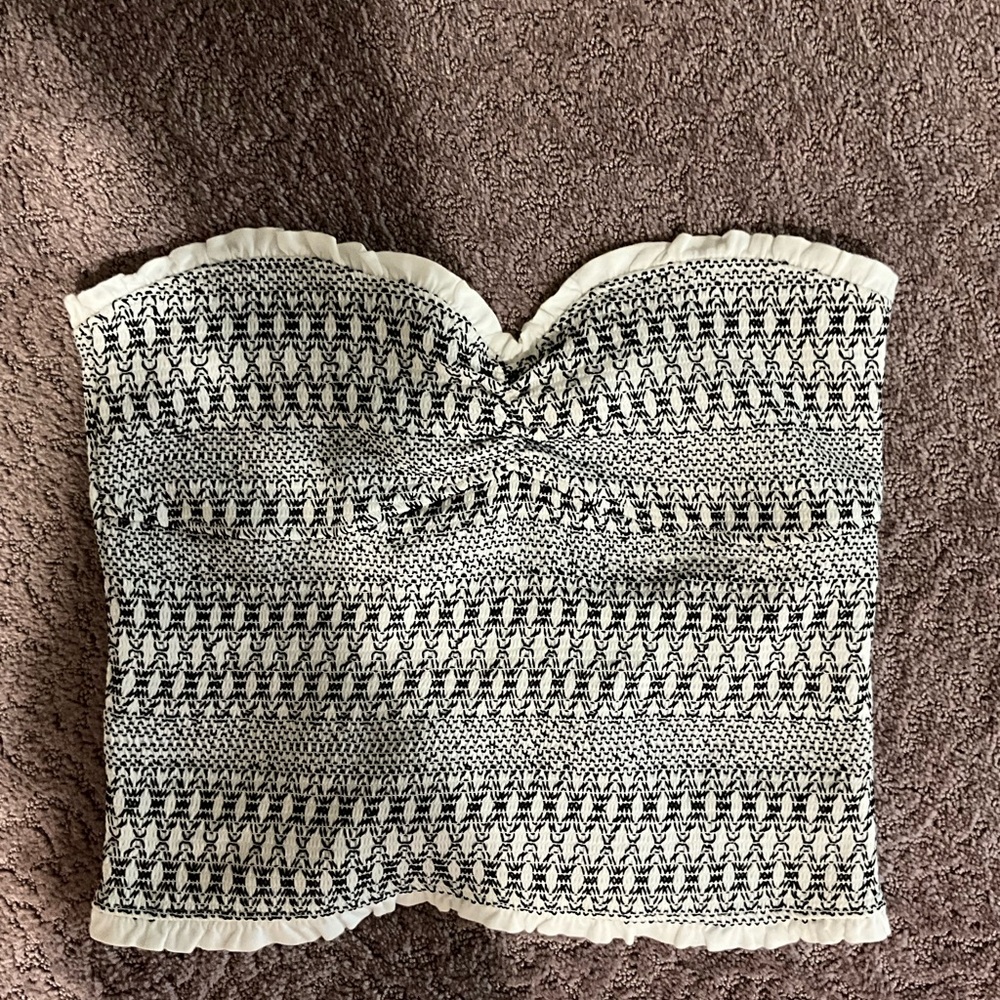 Anthropologie Gray and White Smocked Strapless Crop Top